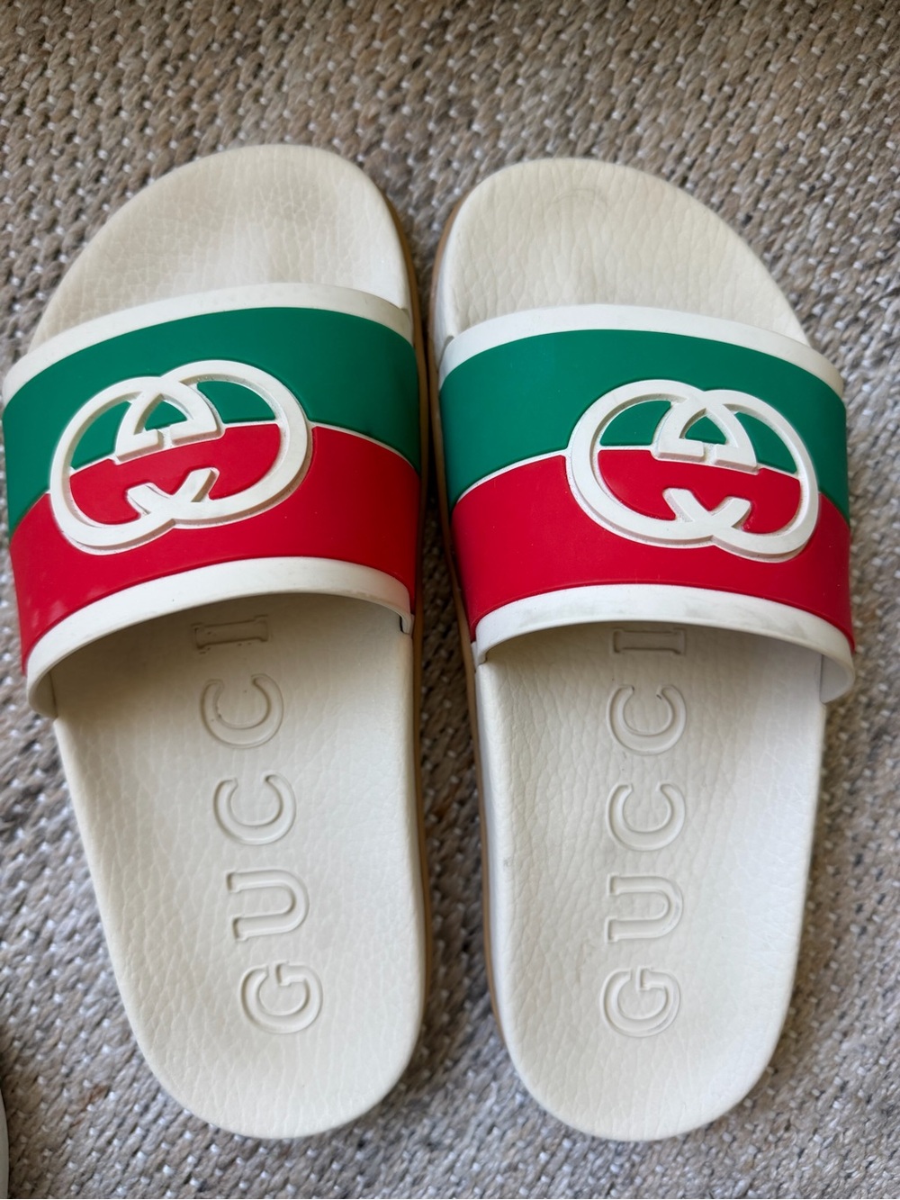 Gucci White Slides with Red and Green Web Stripe
